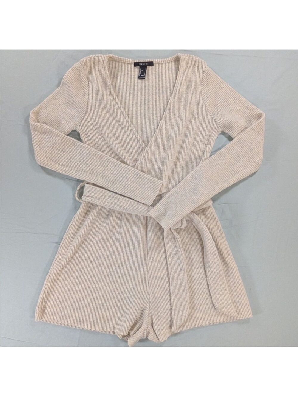 NWT Forever 21 Light Taupe Cream Ribbed Wrap Long Sleeve Shorts Romper